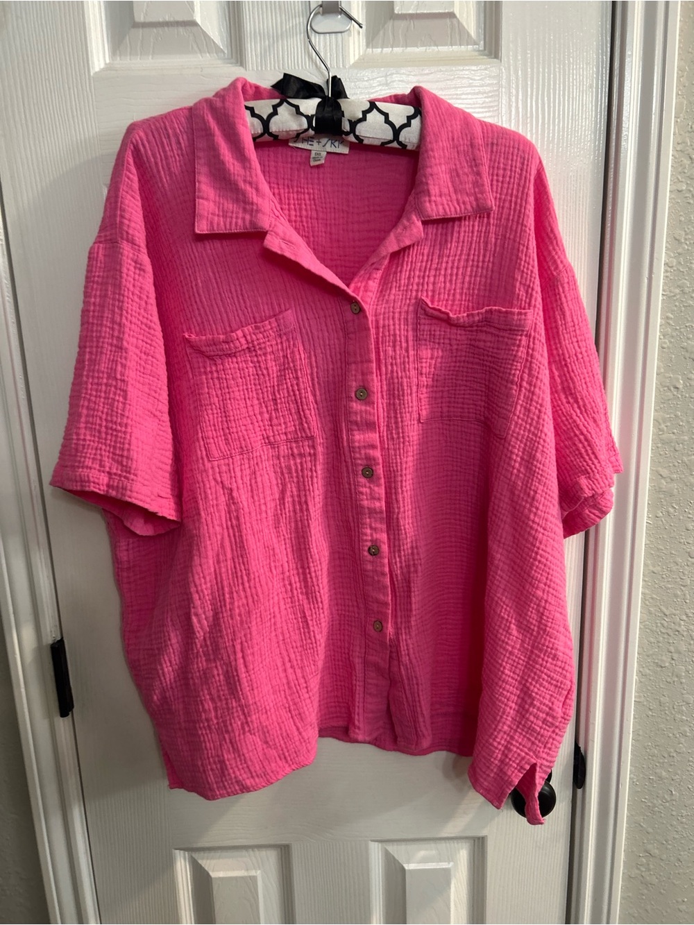 She and sky Women's hot Pink linen Button Down Shirt 1/2 sleeve size 1X